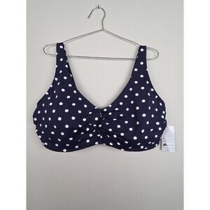 Lands End Navy Blue Polka Dot  Bikini Top Padded Ruched Adjustable 20W DDD